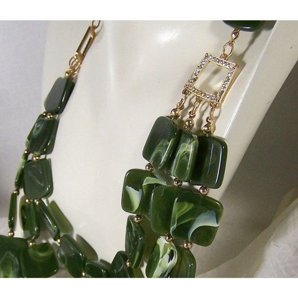 Vintage Charmin Charlie Signed Statement Necklace Faux Jade Panels Rhinestones - Picture 4 of 8